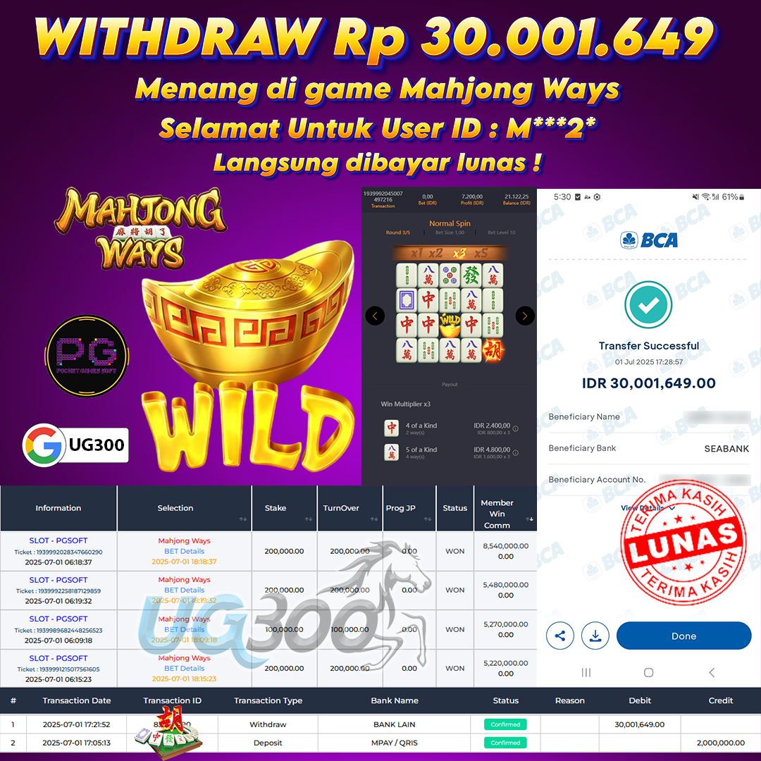 UG300 MAHJONG WAYS JACKPOT Rp.30,001,649- DI BAYAR TUNTAS